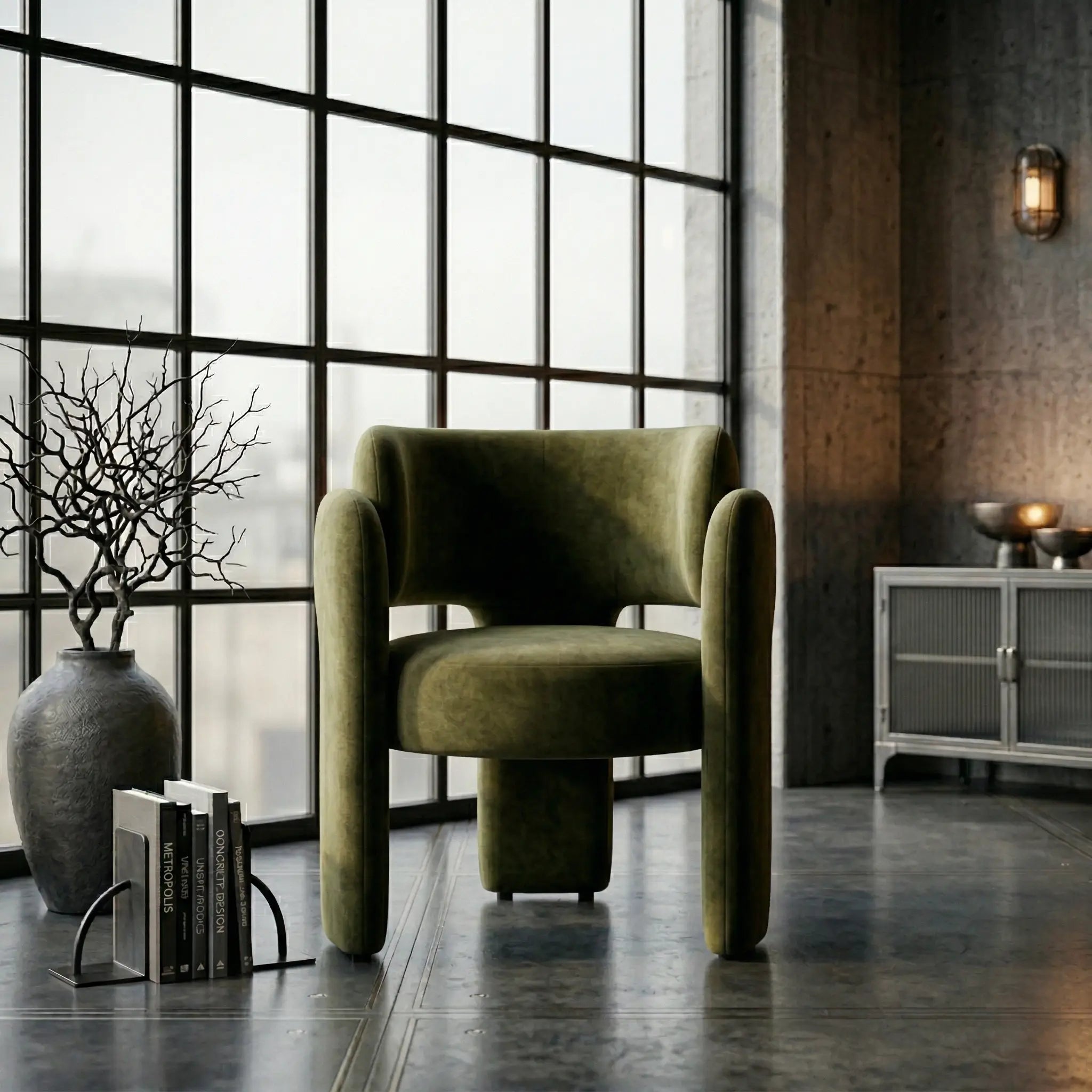 Curved Velvet Barrel Accent Chair with Open Back and Sculptural Legs