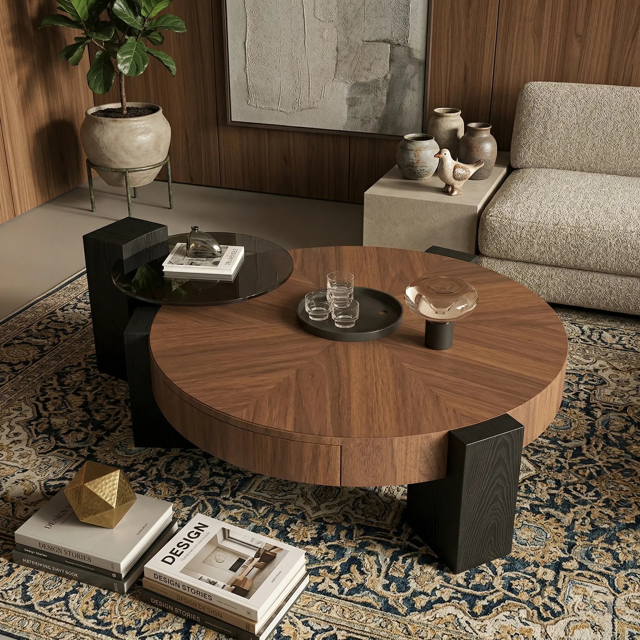 Round Wood Coffee Table with 4 Drawers and Lazy Susan Glass Insert