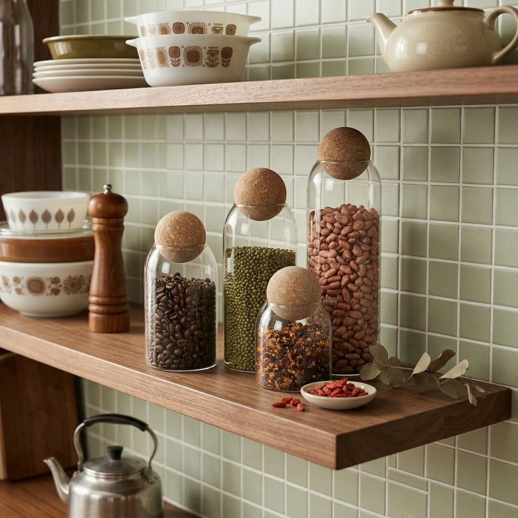 Glass Storage Jars with Round Cork Ball Lids — Set of 4