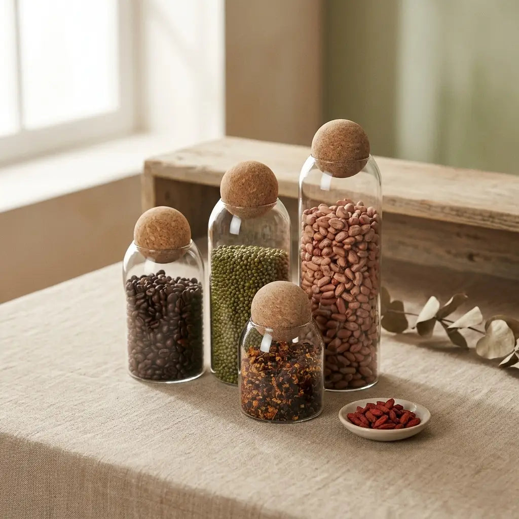 Glass Storage Jars with Round Cork Ball Lids — Set of 4