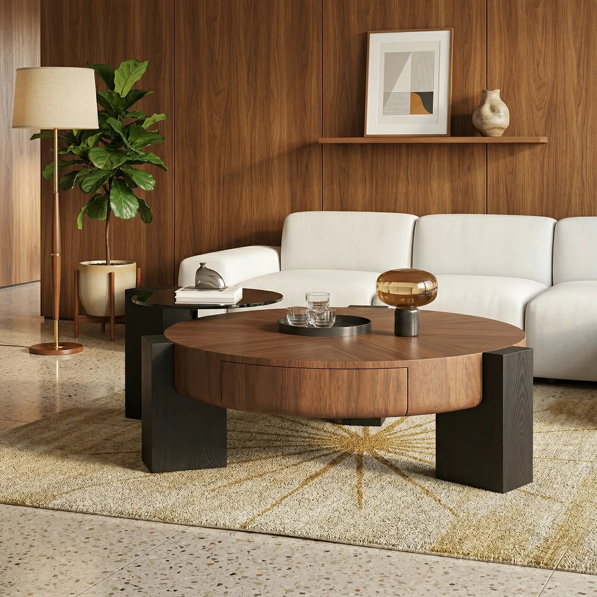 Round Wood Coffee Table with 4 Drawers and Lazy Susan Glass Insert