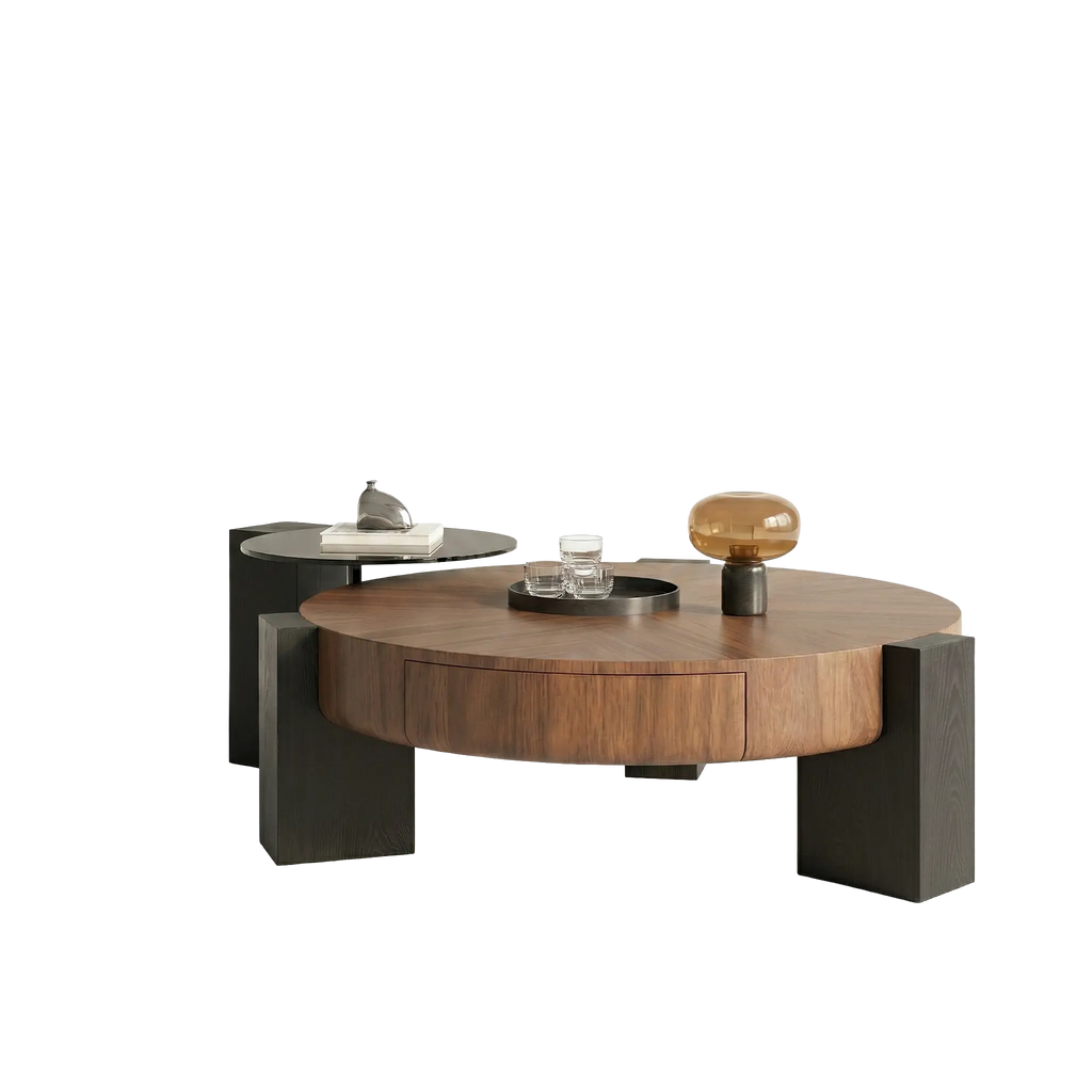 Round Wood Coffee Table with 4 Drawers and Lazy Susan Glass Insert