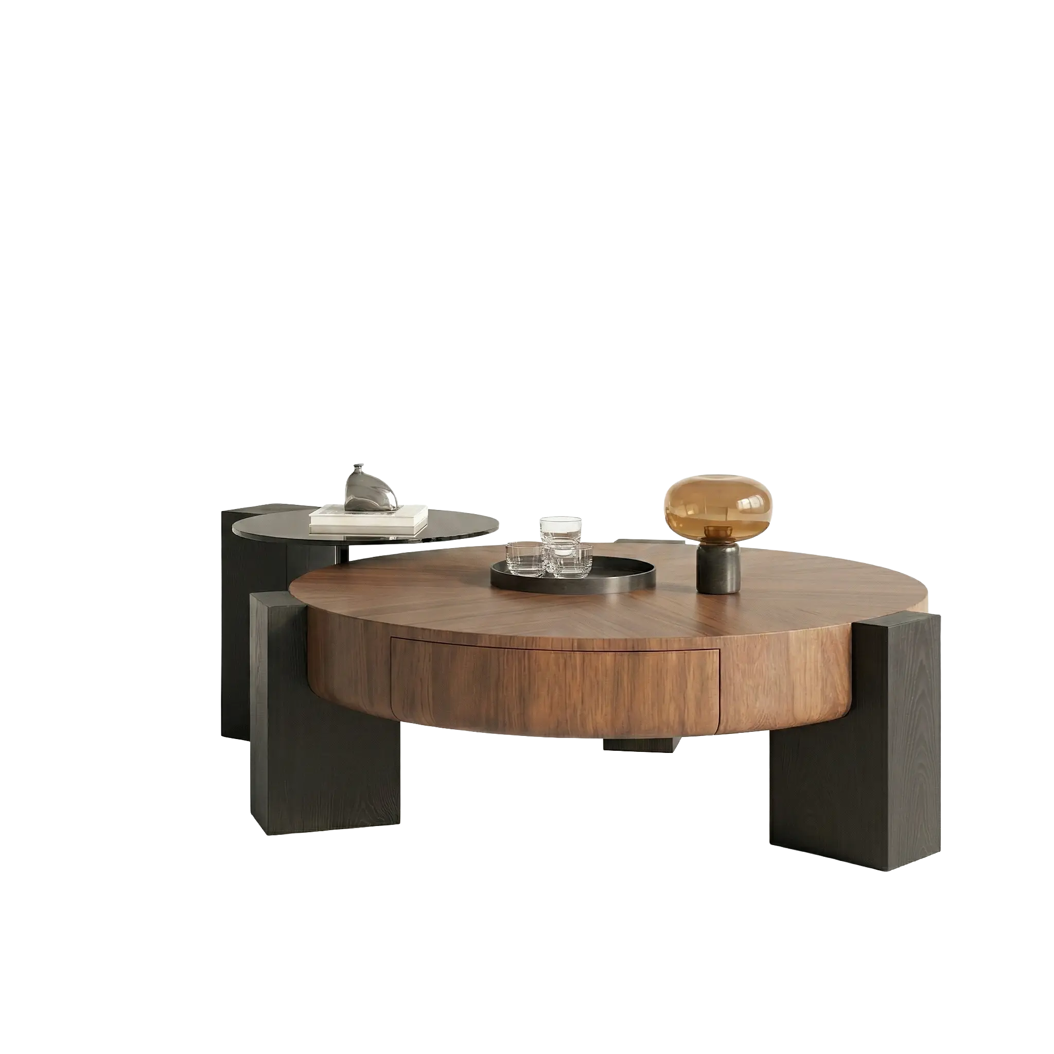 Round Wood Coffee Table with 4 Drawers and Lazy Susan Glass Insert
