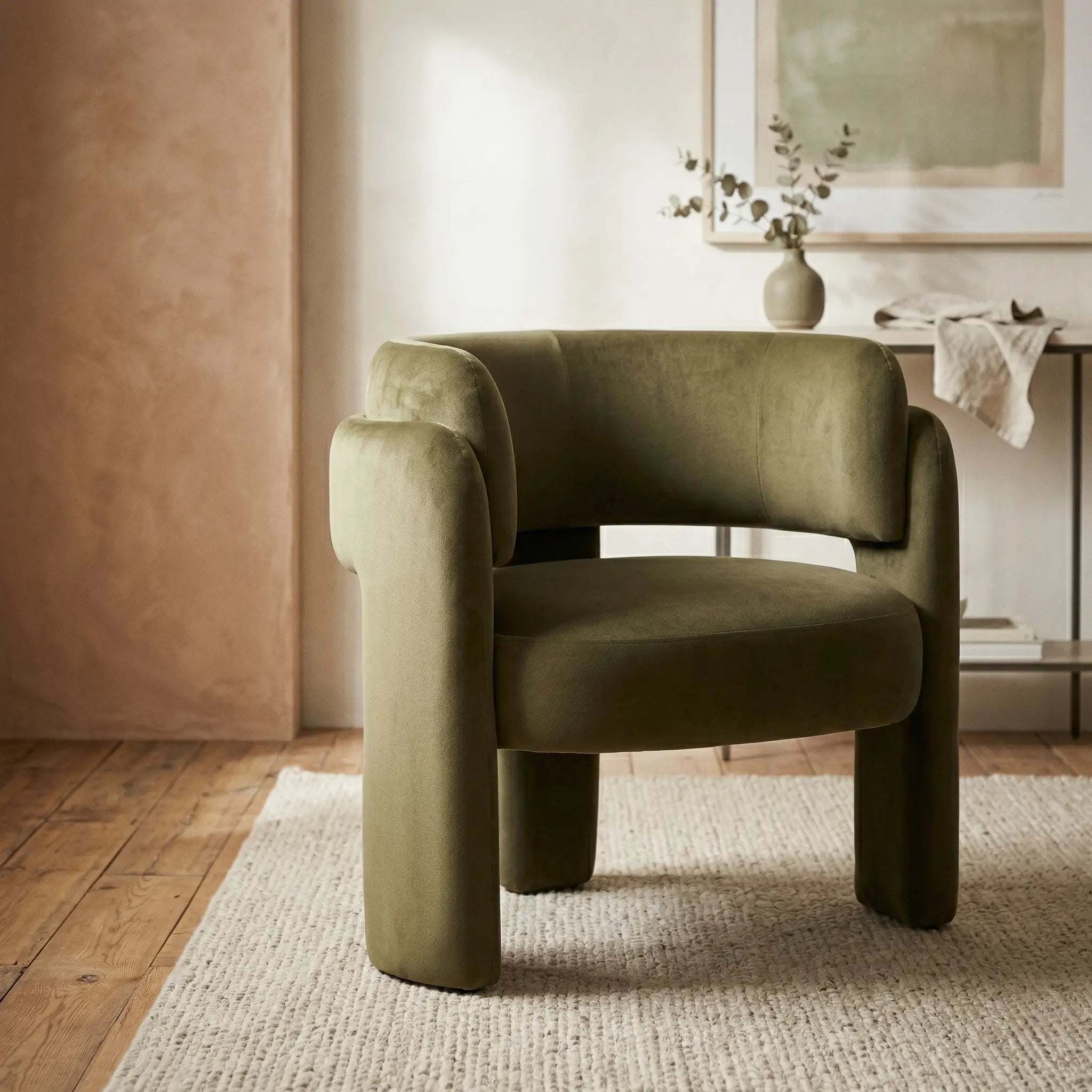 Curved Velvet Barrel Accent Chair with Open Back and Sculptural Legs