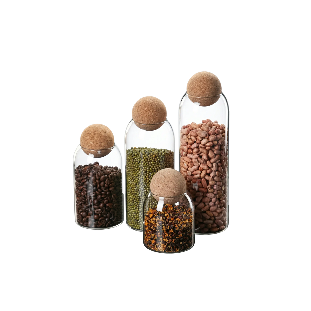 Glass Storage Jars with Round Cork Ball Lids — Set of 4