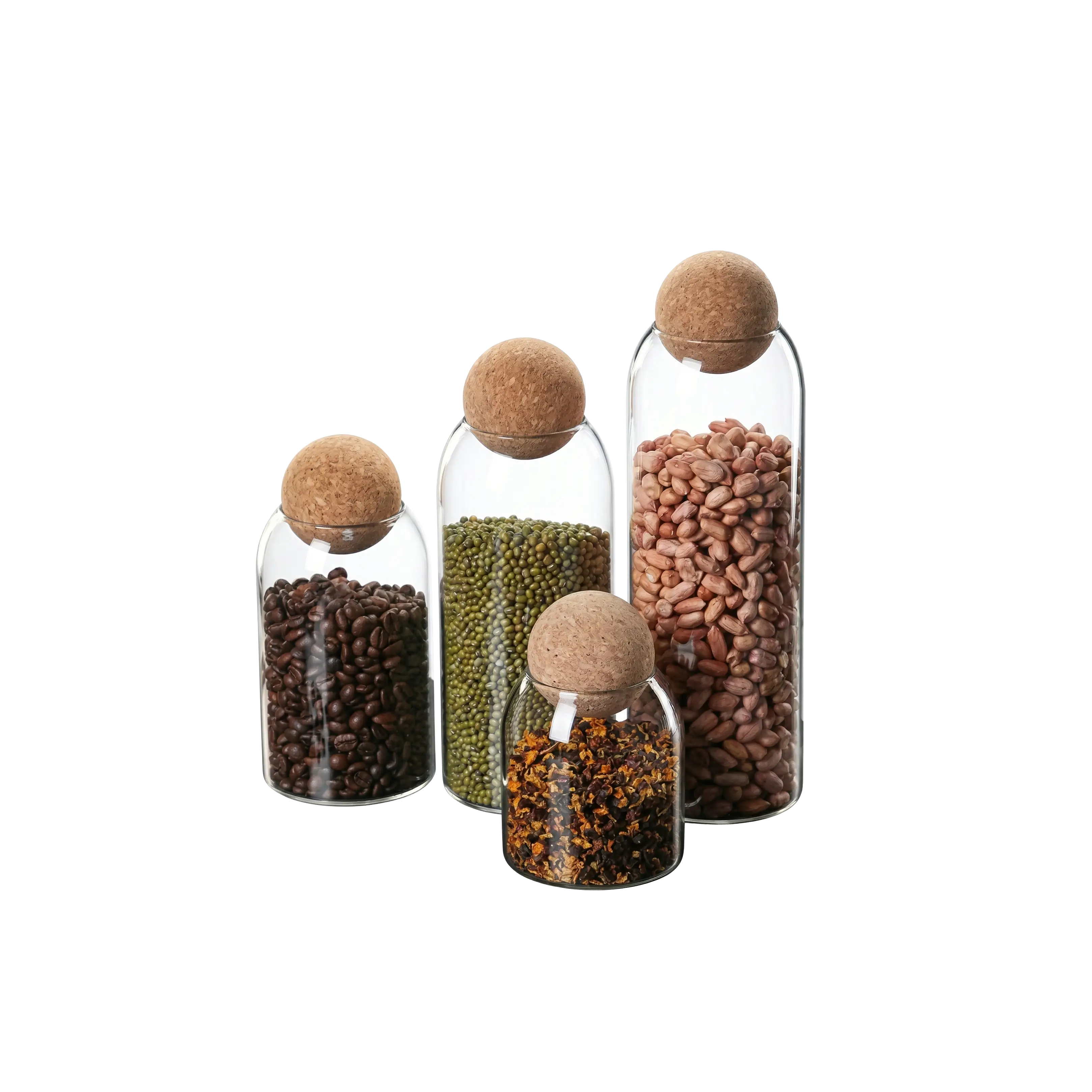 Glass Storage Jars with Round Cork Ball Lids — Set of 4