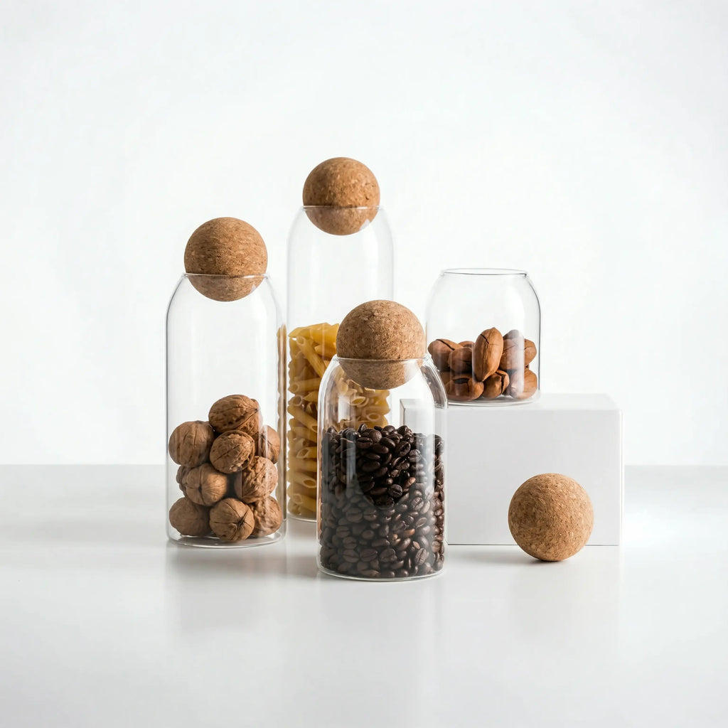 Glass Storage Jars with Round Cork Ball Lids — Set of 4