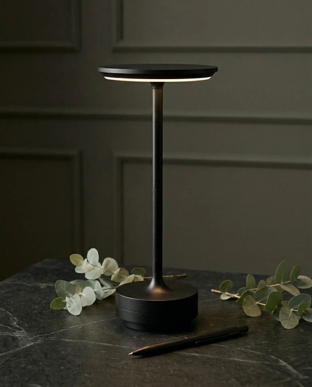 Cordless LED Table Lamp with Round Disc Shade and Weighted Base