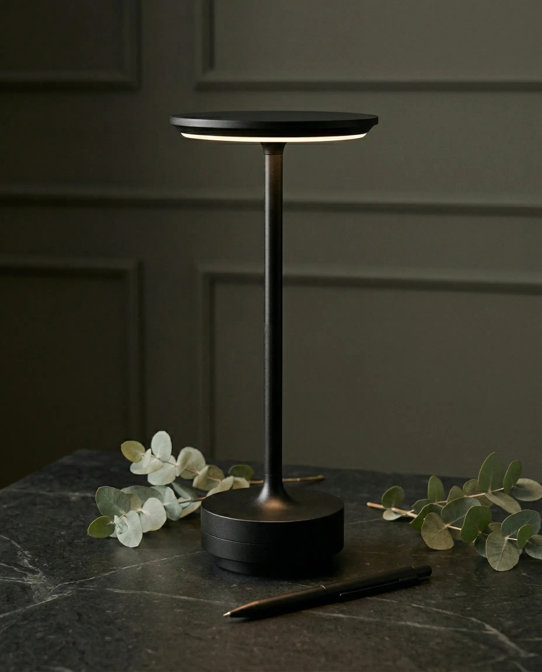 Cordless LED Table Lamp with Round Disc Shade and Weighted Base