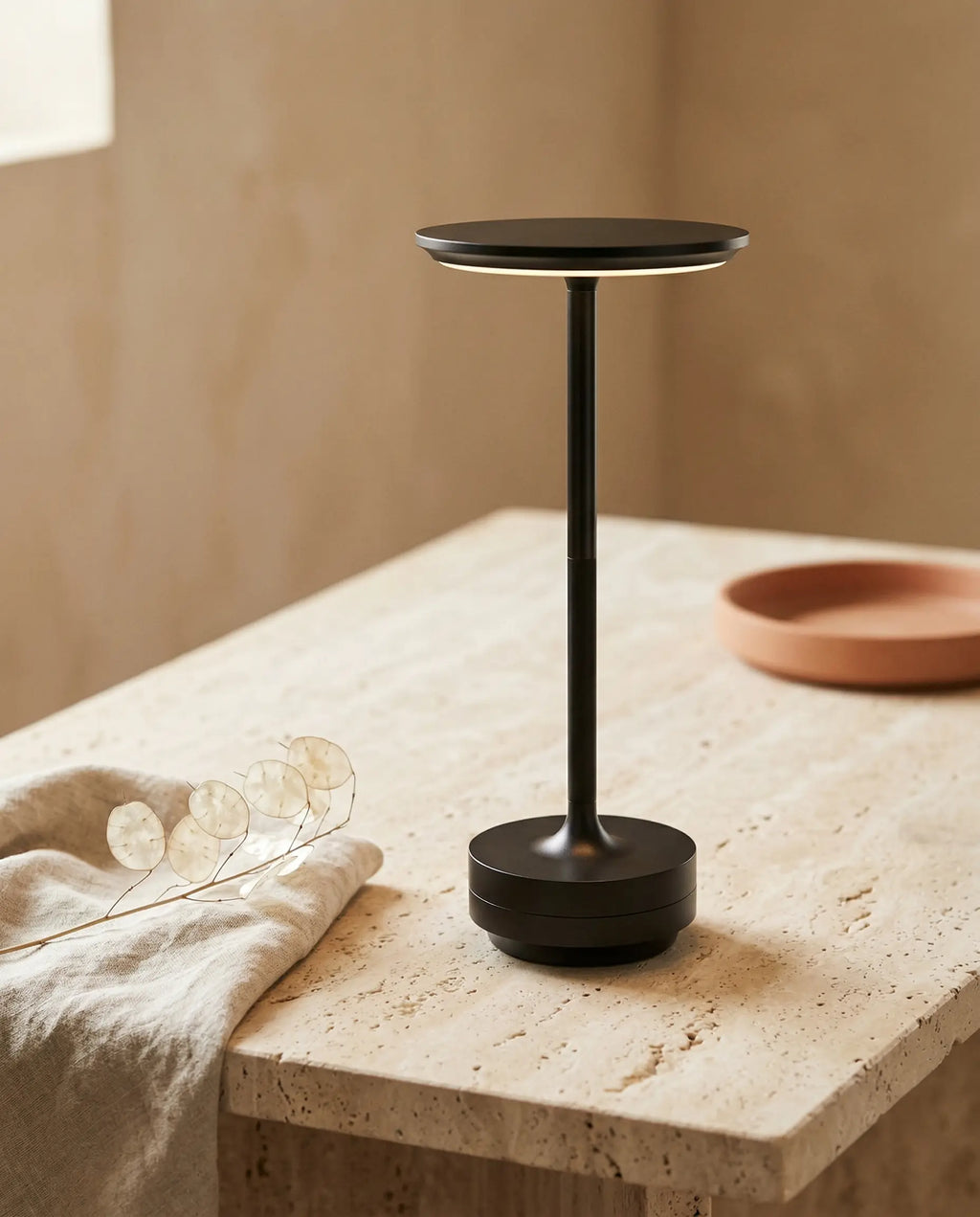 Cordless LED Table Lamp with Round Disc Shade and Weighted Base