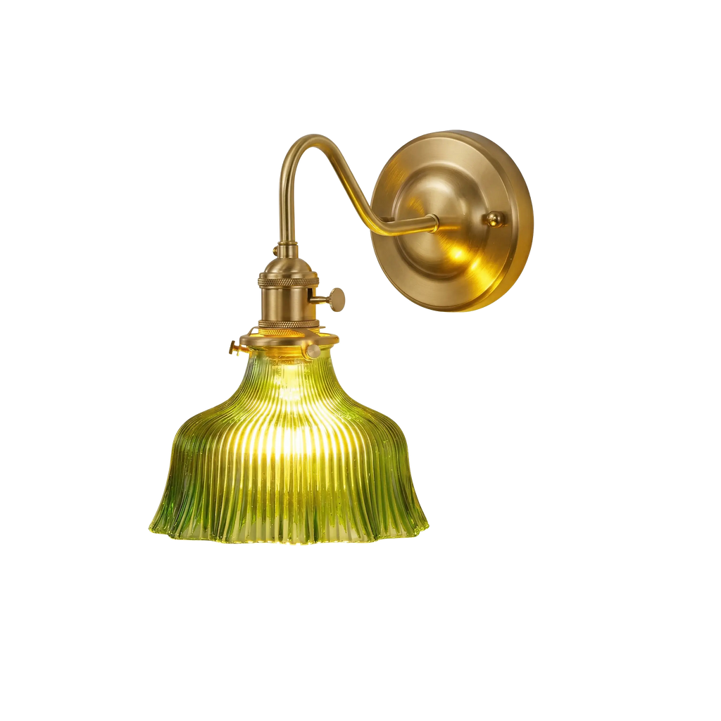Vintage Brass Wall Sconce with Ribbed Green Glass Shade