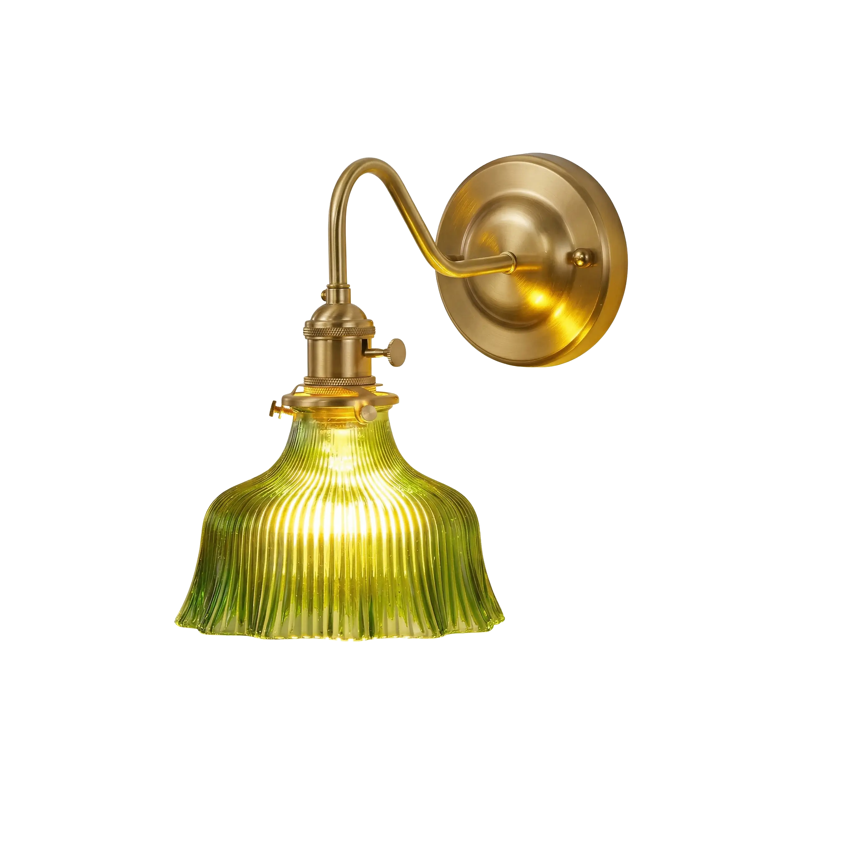 Vintage Brass Wall Sconce with Ribbed Green Glass Shade