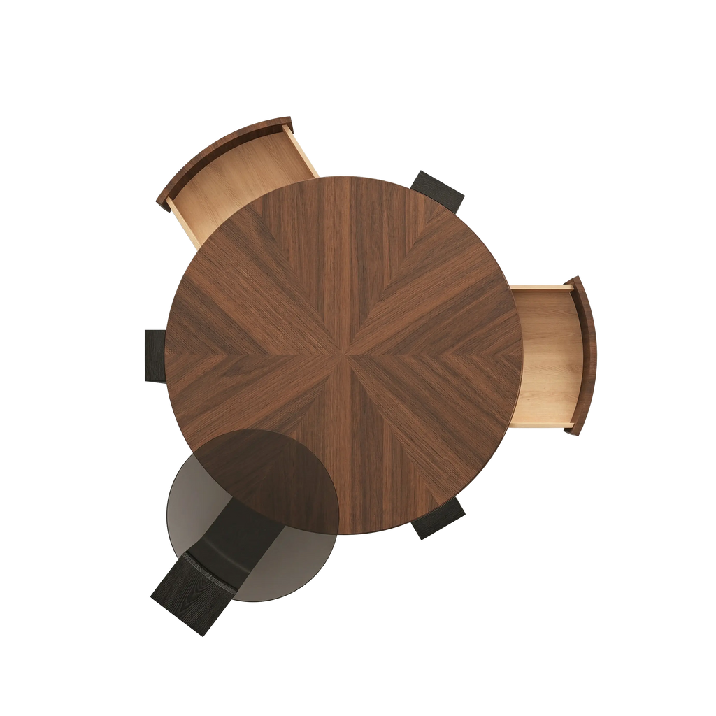 Round Wood Coffee Table with 4 Drawers and Lazy Susan Glass Insert