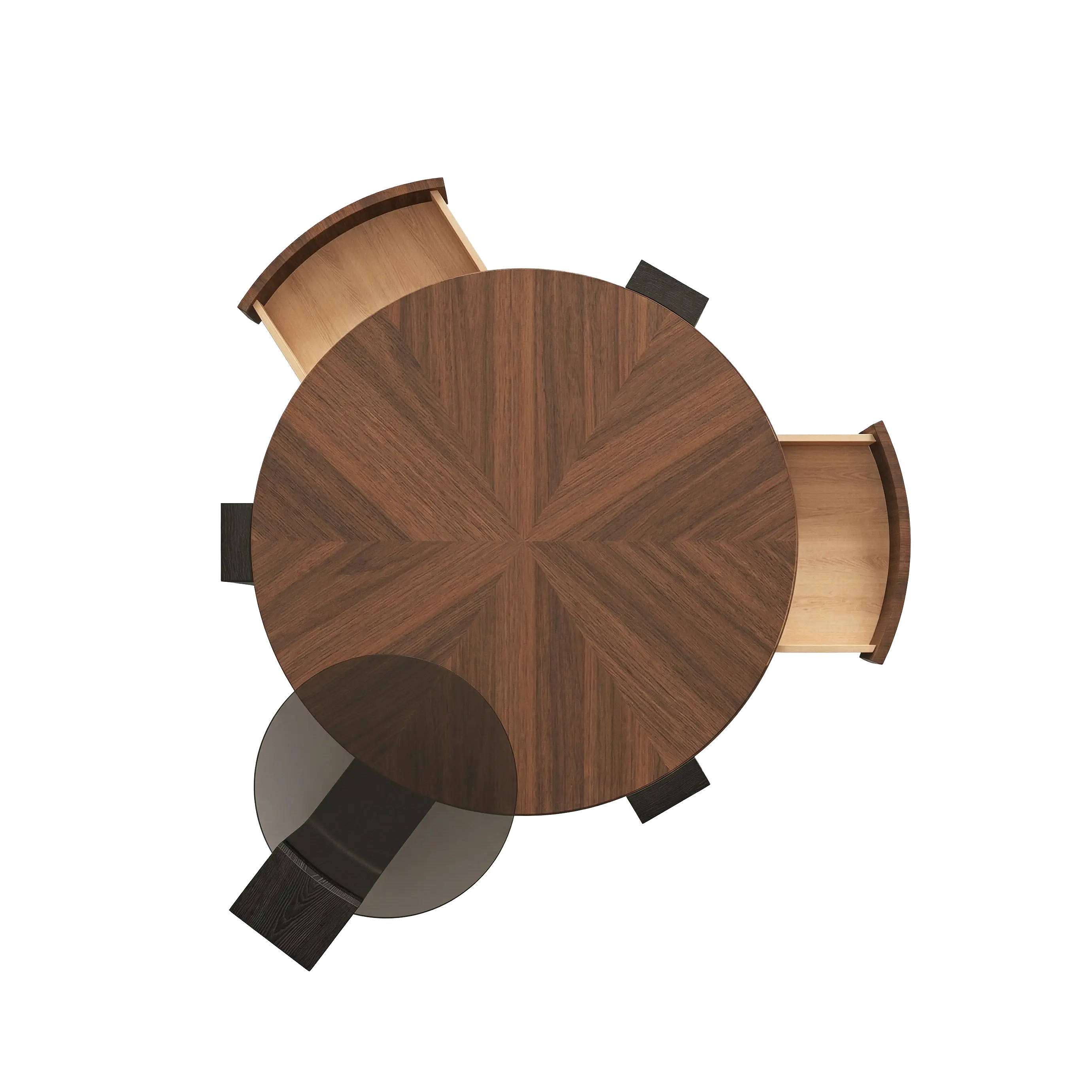 Round Wood Coffee Table with 4 Drawers and Lazy Susan Glass Insert